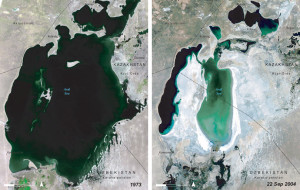Imagen del cambio en el Mar Aral entre 1973 y 2004